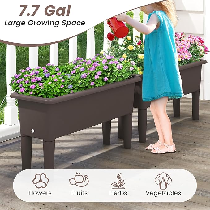 Giantex Raised Garden Beds Outdoor Set of 2, Self-Watering Planter Box with Detachable Legs & Drainage Hole, Outdoor Raised Container for Vegetable Fruit Herbs, 31.5”Lx12”Wx16”H, Easy Assembly (Brown)