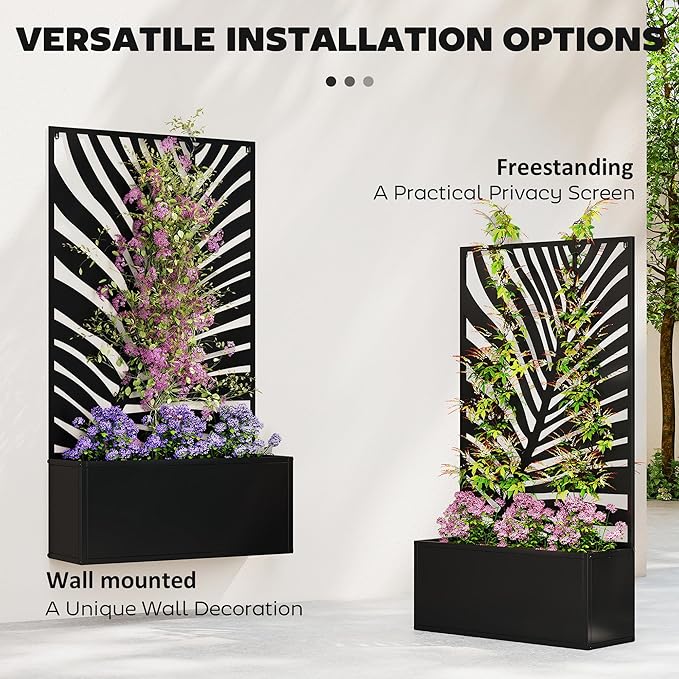 Outsunny Metal Raised Garden Bed with Trellis for Climbing Plants, Freestanding or Wall Mounted Flower Bed with Privacy Panel, Large Leaf Cut-Out Outdoor Planter Box for Garden, Patio, Balcony