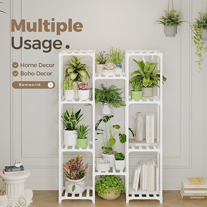 Bamworld White Plant Stand Indoor/Outdoor Ladder Plant Rack, 3 Tiers for 7 Pots, Living Room Boho Decor