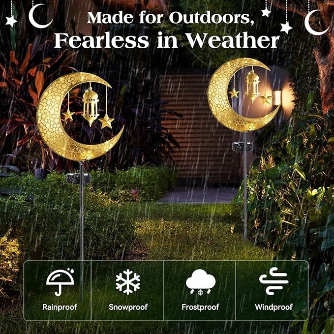 Lewondr 2Pcs Ramadan Solar Lights, Ramadan Decorations Outdoor, Metal Yard Signs LED Eid Decorations Mubarak Star Moon Lantern, Waterproof Solar Garden Stakes Lights for Walkway Lawn Patio