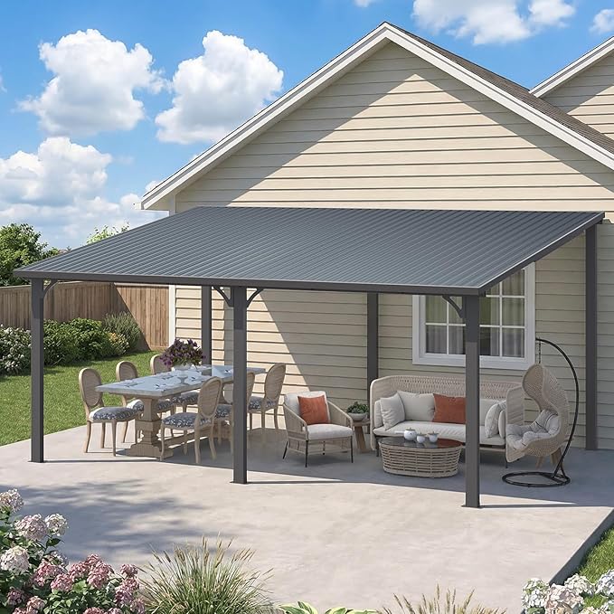 AECOJOY 12' x 16' Outdoor Hardtop Metal Gazebo for Patio, Large Lean to 16x12 Galvanized Steel Heavy Duty Wall Mounted Pergolas and Grill Gazebos Clearance, Patio Pergola Metal Roof Awnings for Decks