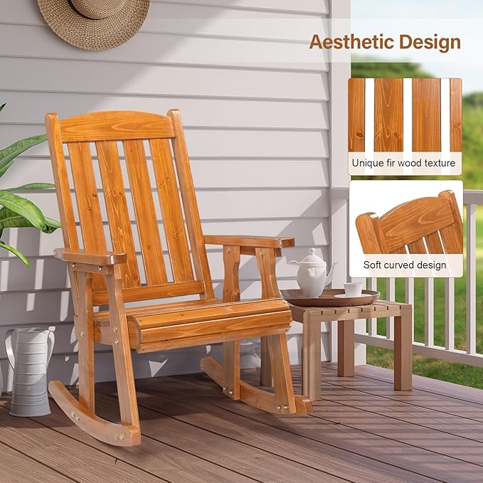 VINGLI Outdoor Rocking Chair Set of 2, Heavy Duty 600 LBS Wooden Rocking Chair with Comfortable Backrest, Weatherproof Rocker with Ergonomic Design, Suit for Patio, Garden, Yard, Teak
