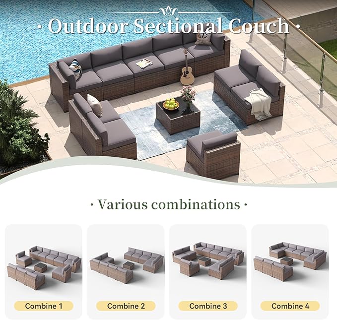 Aoxun 11 Piece Patio Furniture Set Wicker Rattan Patio Conversation Set Outdoor Sectional Sofa Set with Coffee Table and Thickened Cushions, Gray(Waterproof Cover Included)