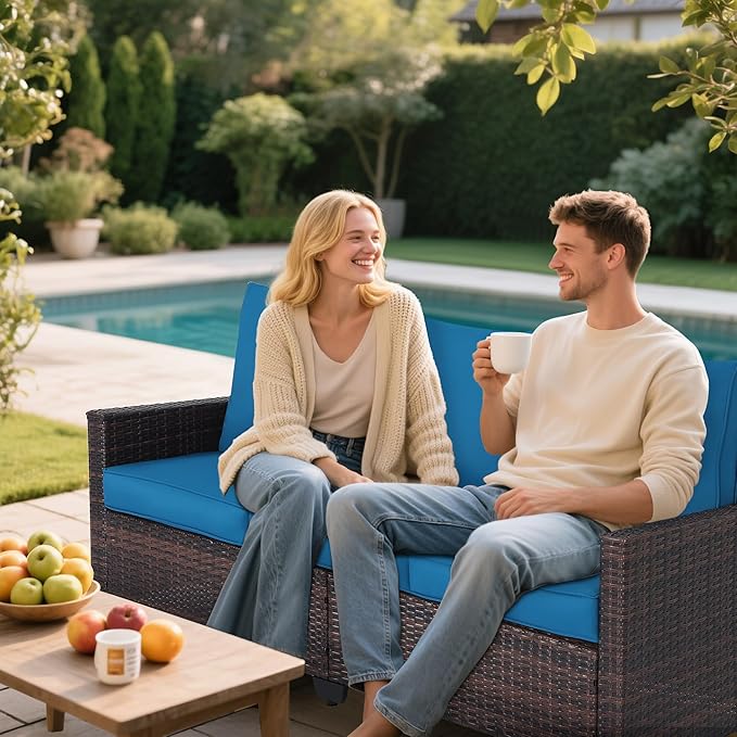 Rattan Outdoor Sofa 3-Seater - PE Woven Patio Couch with Waterproof Blue Cushions, Heavy-Duty Steel Frame for Garden, Poolside Outdoor Wicker Furniture