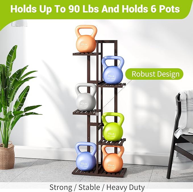 BMOSU Bamboo Plant Stand for Indoor Outdoor Plants Corner Tall Plant Shelf 6 Potted Holder Shelf Plant Rack Holder Display Rack(Brown)
