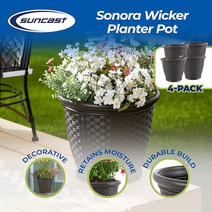 Suncast 4 Pack Sonora 18 Inch Lightweight Durable Plastic Wicker Decorative Flower Planter Pot for Yard, Garden, Indoor or Outdoor Use, Brown