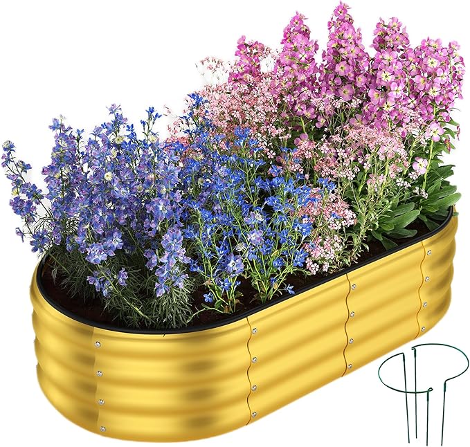 Galvanized Metal Planter Round Raised Garden Bed Kit for Gardening Outdoor Garden Box Raised Flower Bed 1PC Gold 4X2X1FT