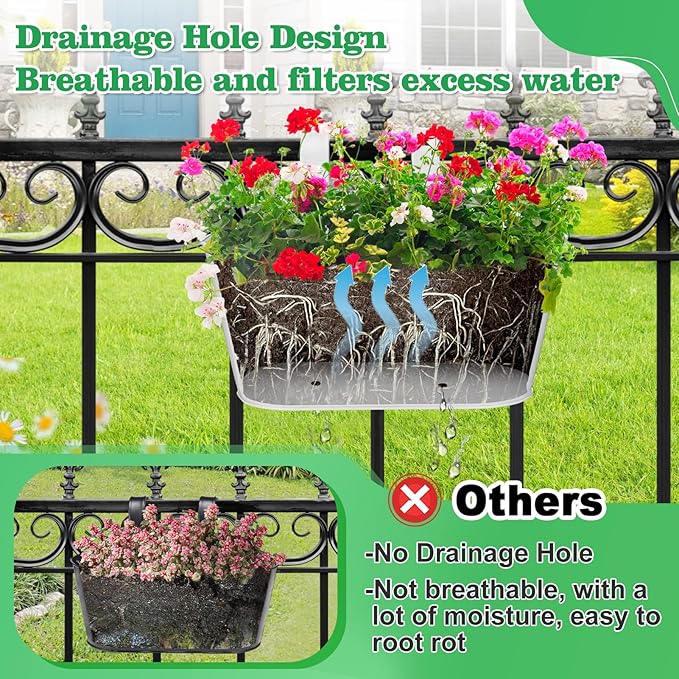 MADHOLLY Railing Planter with Drainage Holes - 6Pcs Sturdy Bucket Pots for Railing Fence, Countryside Style Metal Flower Pots for Herbs Balcony Garden Yard Decor, White