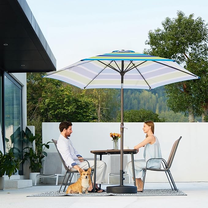 JEAREY 7.5FT Patio Umbrella Market Table Umbrella with 6 Sturdy Ribs, Push Button Tilt/Crank Outdoor Umbrella for Garden, Deck, Backyard, Pool and Beach,Bold Blue-Green Stripe