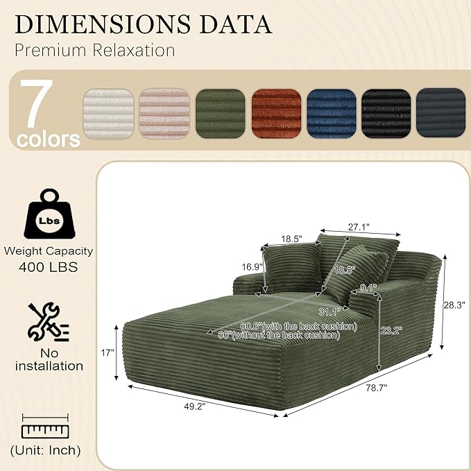80 Inch Chaise Lounge Chair Indoor, Oversized Corduroy Upholstered Boneless Sofa Bed, Deep Seat Sleeper Couch Reading Chairs, Cloud Sofas Couches for Living Room, No Assembly Required (Olive Green)