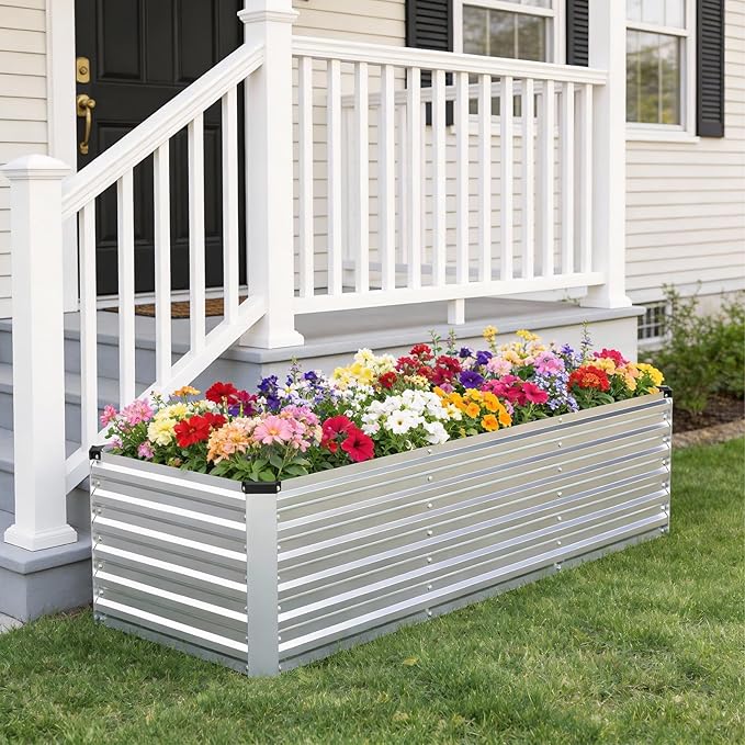 INNO STAGE 8x3x2ft Galvanized Raised Garden Bed, Raised Garden Bed Kit-Metal Planter Box Outdoor, Planting for Vegetables, Fruits, Herbs, Flowers, Silver