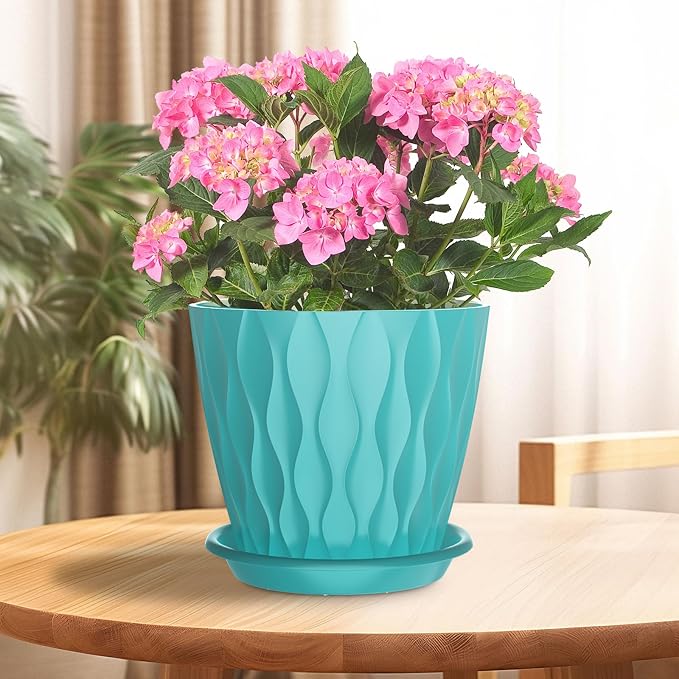 6 Pack 6 Inch Indoor Plant Pots with Drainage Holes, Outdoor Plastic Decorative Flower Pots, Garden Planters with Tray Saucers for Orchids, Violets, Succulents, Herbs, and Other Plants