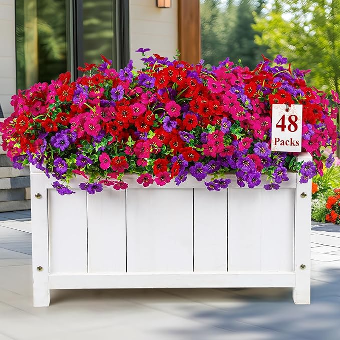 Alupssuc 48 Bundles Artificial Flowers for Outdoors Decoration, UV Resistant Silk Faux Daisy Flora Spring Fake Plastic Plants Greenery for Outside Indoor Yard Home Porch Window Box Decor, Mix 3 Colors