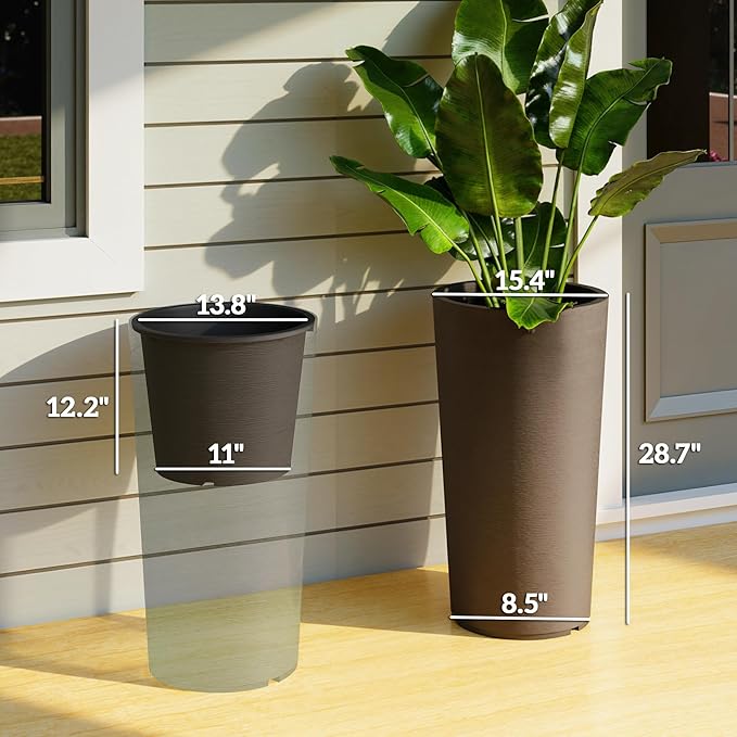 Outsunny 29 Inch Tall Planters for Outdoor Plants, Set of 2 Plastic Flower Pots with DIY Drainage Holes, Stackable Large Planters for Indoor Plants, Front Porch Decor, Brown