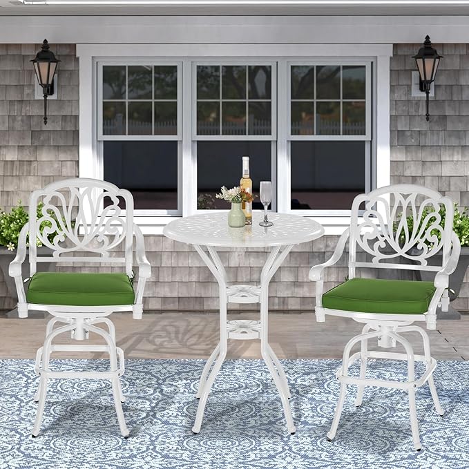 VIVIJASON 3-Piece Patio Swivel Bar Stools Set, All Weather Cast Aluminum Outdoor Bar Height Bistro Set with 2 Cushioned Bar Chairs & 31" High Bar Table w/Umbrella Hole for Backyard, Lawn, White