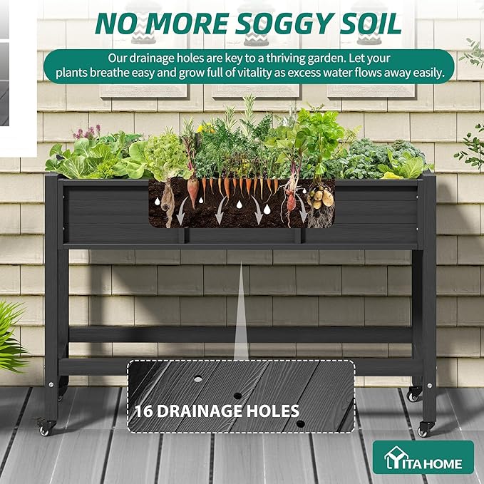 YITAHOME Raised Garden Bed HDPE, 47x18x31 in Raised Planter Box with Legs Poly-Wood Weather-Resistant Elevated Planter Box with Lockable Wheels for Vegetables, Herb Garden Bed, Black