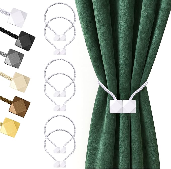 Hion Magnetic Curtain Tiebacks White 6 Pack, Curtain Tiebacks Buckles Holdbacks Holders Hooks Clip for Home Bedroom Office Decorative Thick or Thin Curtain