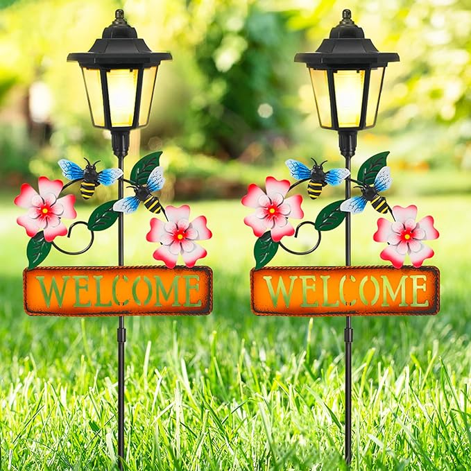 Lewondr Solar Garden Lights Bee, 37.4 Inch Solar Lamp Post Light with Welcome Sign & Bees, Outdoor Waterproof Solar Stake Lights for Yard Porch Patio Pathway Gardening Gifts, 2 Pack