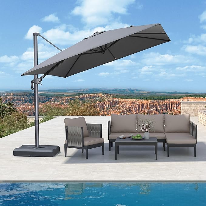 PURPLE LEAF Patio Umbrella 9' X 9' Rectangle Cantilever Umbrella Large Aluminum Outdoor Umbrellas with 360-degree Rotation & UPF40+ Premium Fabric for Deck Pool Garden Yard, Mist Grey