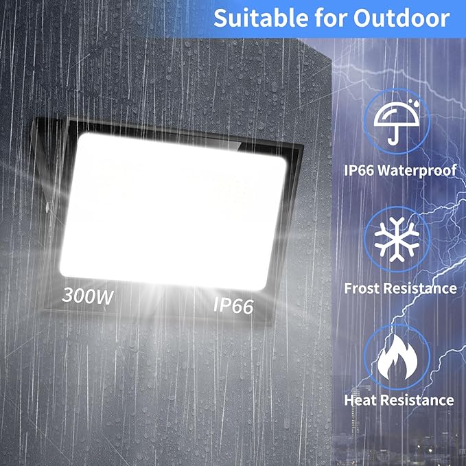 300W LED Flood Light Outdoor with Plug, 36000LM Ultra Brighter Security Light, IP66 Waterproof Exterior Plug in Floodlight, 5000K Daylight White for Lawn Yard Garden Stadium(2 Pack)