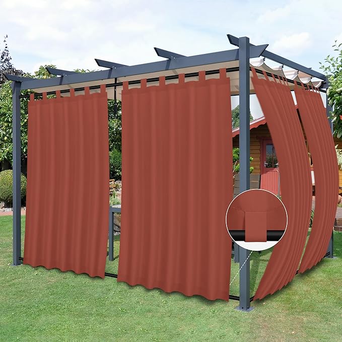 Easy-Going Outdoor Patio Curtains Detachable Tab Top Windproof Weatherproof Curtain for Cabana, Porch, Pergola and Gazebo, Tab Bottom Drape, 2 Panels, 54W x 108L inch, Terra Red