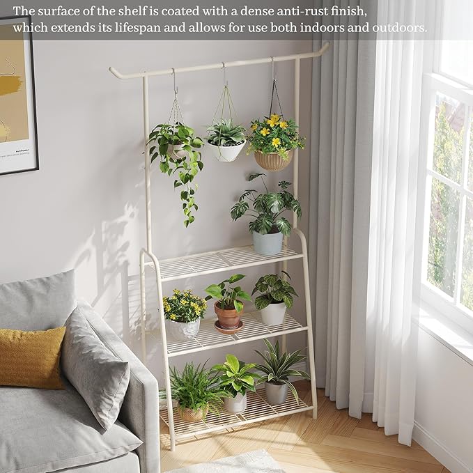 Plant Stand Indoor Outdoor,Metal Plant Stands for Multiple Plants,3 Tier Tall Hanging Plant Shelf,Large Heavy Duty Flower Holder Ladder Plant for Living Room, Patio, Balcony (White)