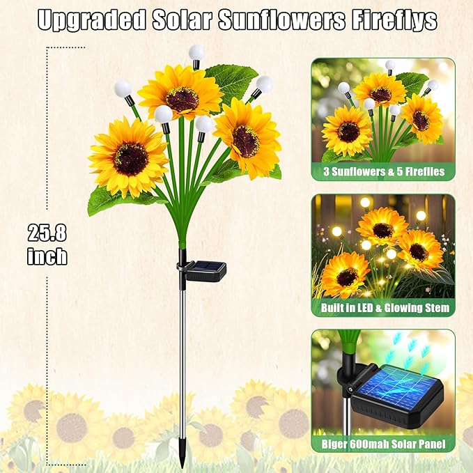 Solar Sunflower Lights Outdoor 6 Pack Sunflower Firefly - Gifts for Mom Women Grandma, Waterproof Flower Lights for Garden Pathway, Birthday Mothers Day Decor