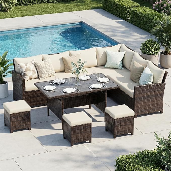 Wisteria Lane 7 Piece Patio Furniture Set, High Curved Back Wicker Patio Sectional, All Weather Outdoor Dining Set, Outdoor Furniture Patio Conversation Set with Ottoman, Brown