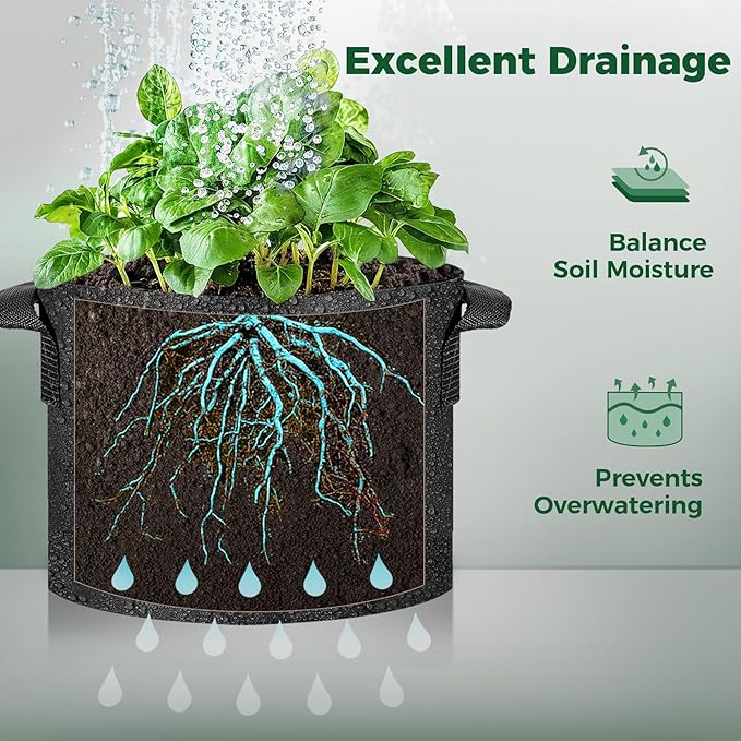 T4U 5 Gallon Grow Bags, Upgrade Grow Bags with Handles, Heavy Duty Thickened Nonwoven Fabric Pots, 5 Gallon Pots for Plants, Strawberry, Cherry Tomatoes (10 Pack)