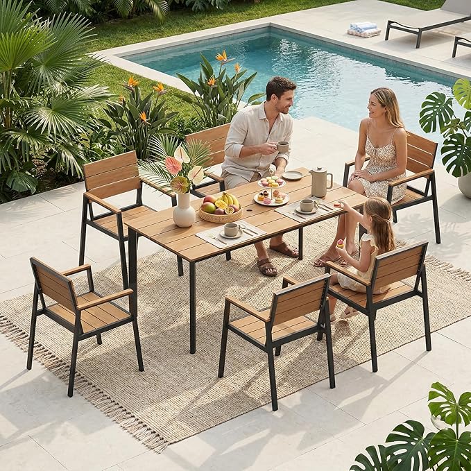 Aluminum Outdoor Dining Set for 6, Patio Table and Chairs Set with Umbrella Hole, 7 Piece HDPS Outdoor Furniture Set for Patio, Garden (Gray & Teak)
