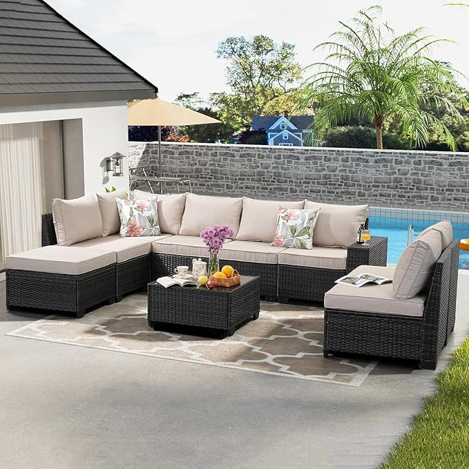Jing's Villa 9-Piece Patio Furniture Set, All-Weather Outdoor Wicker Sectional Sofa with Cushions, Tempered Glass Table & Ottoman, Rattan Conversation Seating for Porch, Garden, Backyard,Beige