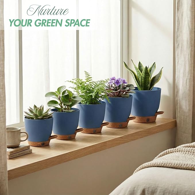 montresor 5-Pack 5/5.5/6/6.5/7 Inch Reservoir & Drainage Plastic Self Watering Flower Pots– Ocean Blue Indoor Plant Pots with Wick System for Peace Lily, Fern, Spider Plant