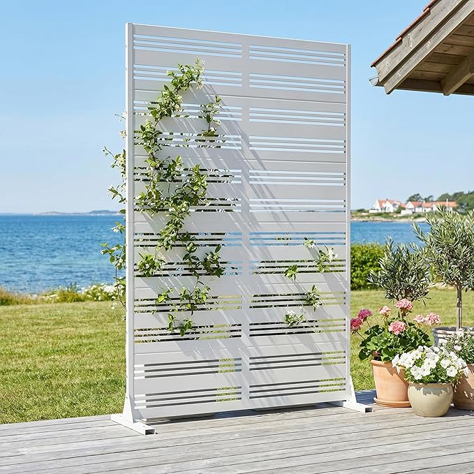 Casaphoria Metal Privacy Screen Outdoor, 72" H x 47" W Freestanding Decorative Privacy Screen for Patio Deck Balcony Garden with Stable Base, White-Harold