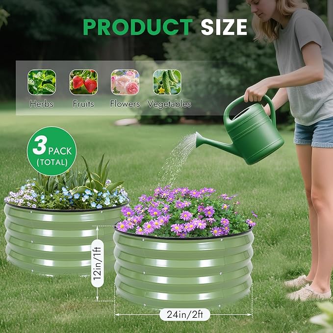 INNO STAG 3 Pcs Round Galvanized Raised Garden Bed — 2×2×1ft Planter Box Outdoor Raised Beds Kit for Gardening Vegetables, Fruits, Herbs, and Flowers, Olive Green
