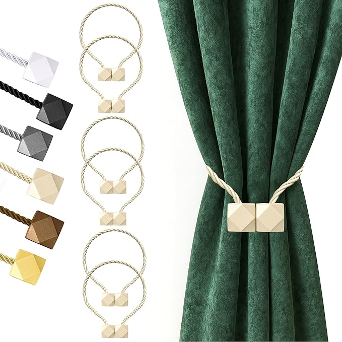 Hion Magnetic Curtain Tiebacks Beige 6 Pack, Curtain Tiebacks Buckles Holdbacks Holders Hooks Clip for Home Bedroom Office Decorative Thick or Thin Curtain