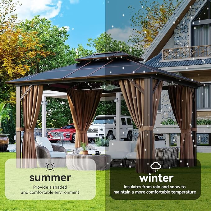 Aoxun 10'x12' Hardtop Gazebo, Aluminum Frame Permanent Pavilion with Light, Curtains and Netting, Outdoor Polycarbonate Gazebo, Double Roof Canopy, for Gardens, Patios, Lawns