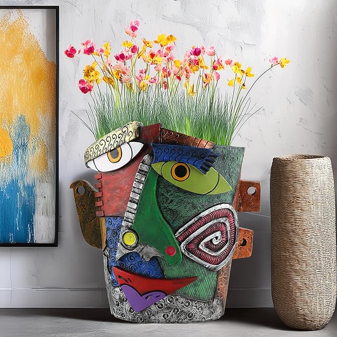 TOZLU Art Abstract Face Planters Pots Head,Unique Fun Abstract Face Flower Pot Ornaments Head Planter Pots Container Colorful Resin Flower Pot for Home and Garden Decor(Picasso Abstract Flowerpot)