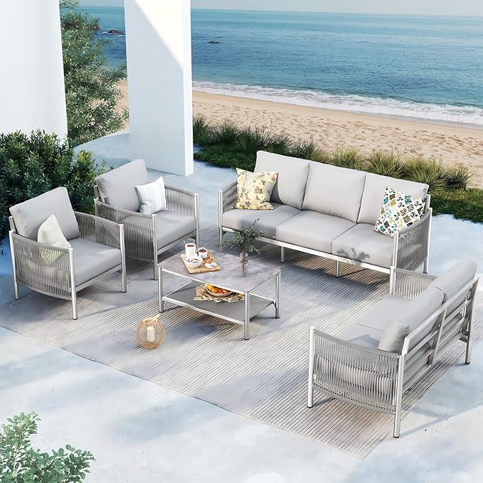 Aluminum Outdoor Patio Furniture Set with Dual-Layer Coffee Table, 5 Piece Modern Patio Conversation Sets with PE Rope, Outdoor Sectional Sofa with Thick Cushions for Balcony, Deck, Silver