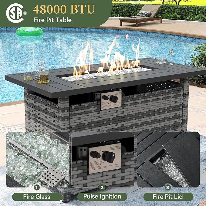 Aoxun 8 Piece Patio Furniture Set with 44” Fire Pit Table Paito Conversation Set Wicker Rattan Outdoor Sectional Sofa Set with Waterproof Cover and Thickened Cushions (Grey/Blue)