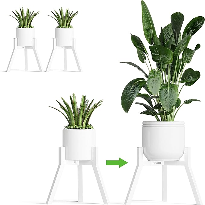 Adjustable Plant Stands Set of 2, Metal Small Plant Holder, Heavy Duty Stable Flower Holder Stand Rack for Various Pot Sizes Indoor Outdoor Corner Living Room Balcony Office White PS-007WH-2