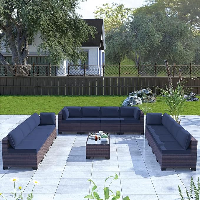 Kullavik 14 Pieces Outdoor Patio Furniture Set PE Wicker Rattan Sectional Sofa Patio Conversation Sets,Navy Blue