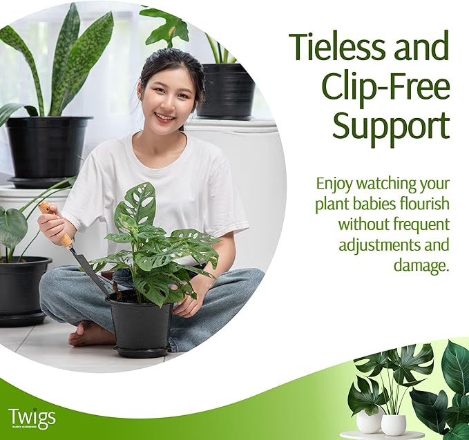 Mini Twigs Plant Support Stakes for Small Plants, Indoor & Outdoor Use, Gardening Supplies, Garden Accessories, Trellis & Ring Alternative - Monstera (Dark Green), 10 Pack, 12" L