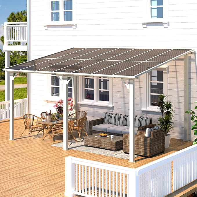 AECOJOY 14' x 10' Gazebo in White, Large Wall Mounted Gazebos on Clearance, Outdoor Patio Lean to Gazebo Metal Awnings for Decks, Patio, Porch, Backyard and More