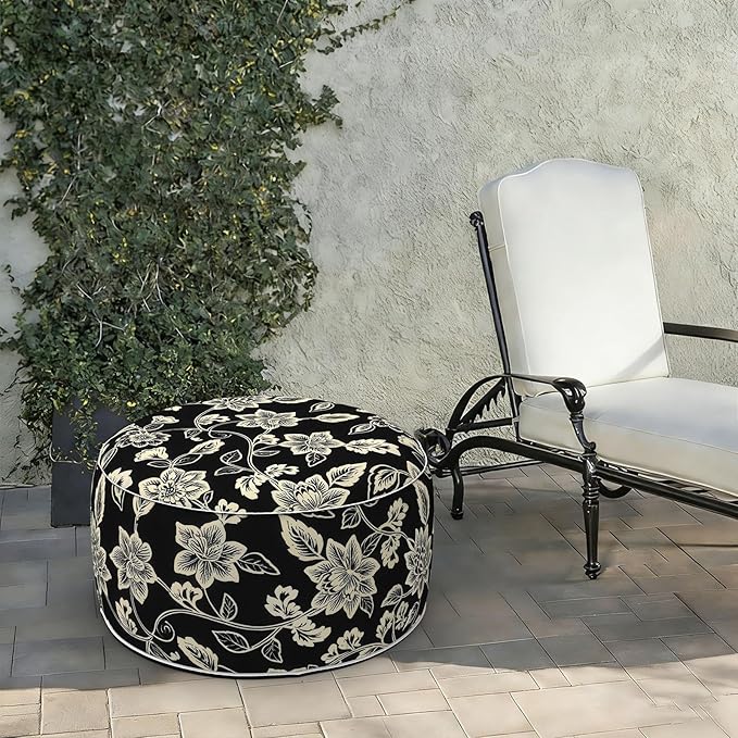 LVTXIII Indoor/Outdoor Extra Large Inflatable Ottoman Pouf D31 x H14 Inch, Round Footstool with Handle, Weather-Resistant Portable Furniture for Patio, Camping, Beach, Elegant Vines Black