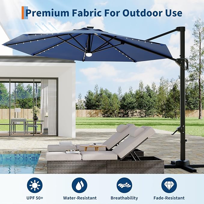 Garvee 10 ft Cantilever Patio Umbrella with Solar Lights, 360° Rotation Offset Umbrella, Easy Crank & Tilt Adjustment, UV Protection for Backyard, Poolside, Deck -Navy Blue
