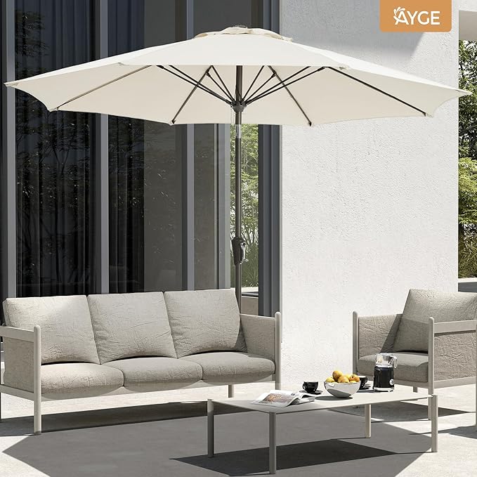 Ayge 9FT Large Outdoor Patio Umbrella Market Table Umbrella-UV Resistant, Easy Push Button Tilt and Crank, 8 Sturdy Fiberglass Ribs Heavy-Duty Pool Umbrella for Deck, Backyard,Garden,White