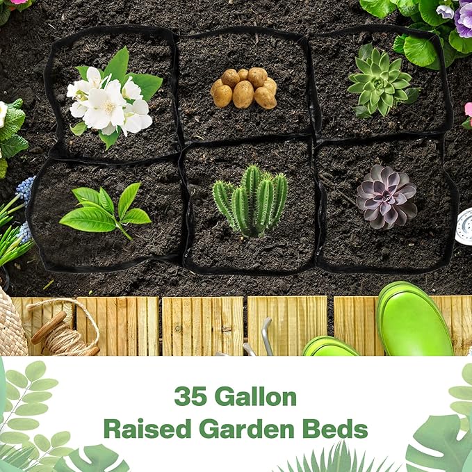 6 Pcs 35 Gallon Fabric Raised Garden Bed Breathable Planting Container Grow Bag with 6 Compartments Rectangle Large Raised Planting Bed for Vegetable Tomato Herbs Potato Fruits Flower Planter Pot