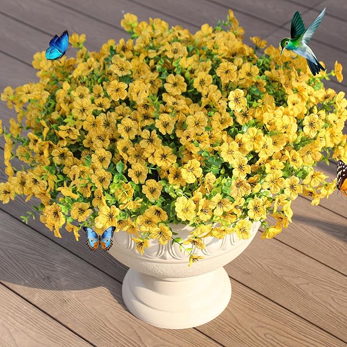 JAKY-Global Artificial Flowers for Outdoors Faux Outside Plants Spring Summer Decorations 16 Bundles UV Resistant Silk Daisy Fake Eucalyptus Realistic Yard Porch Patio Window Planter Box Decor-Yellow