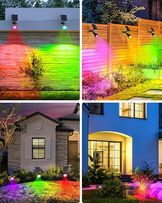 Solar Spot Lights Outdoor Color Changing, 7 Modes/14 LED Outdoor Solar Lights for Yard, Waterproof RGB Multicolor Solar Landscape Spotlights Auto On/Off for Flood, Yard, Tree, Pathway, 4 Pack
