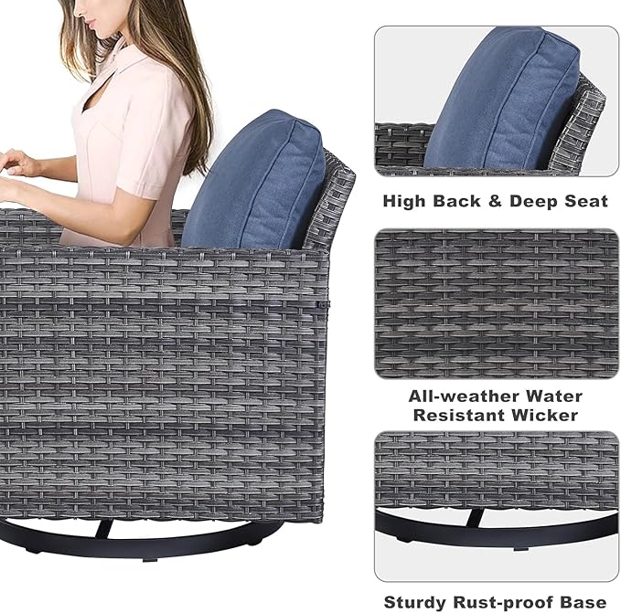 Patio Sectional Furniture Set with Fire Pit Table: 10 Pieces Wicker Patio Conversation Set with L Shaped Sofa, Outdoor Swivel Glider Rocker, Rattan Club Chairs, Ottomans, Removable Cushions Blue